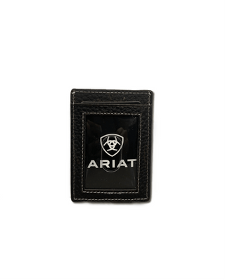 Ariat Men's Magnetic Money Clip Wallet, Two-Tone Leather with Basket Weave and Concho, back view showing clip