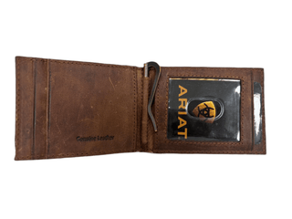 Ariat Men’s Money Clip Wallet – Leather Border with Logo Patch - Cowboy SwaggerAriat Men’s Money Clip Wallet – Leather Border with Logo Patch