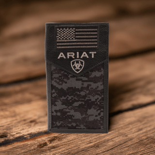 Ariat Men’s Rodeo Wallet – Black Leather with Digital Camo & USA Flag Patch - Cowboy SwaggerAriat Men’s Rodeo Wallet – Black Leather with Digital Camo & USA Flag PatchHandbags, Wallets & Cases
