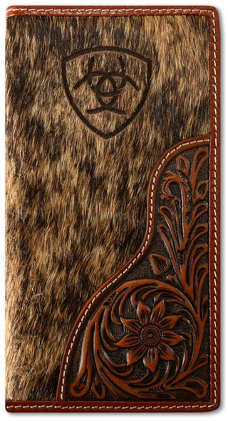 Ariat Men’s Rodeo Wallet – Calf Hair Leather with Floral Overlay & Shield Logo - Cowboy SwaggerAriat Men’s Rodeo Wallet – Calf Hair Leather with Floral Overlay & Shield Logo