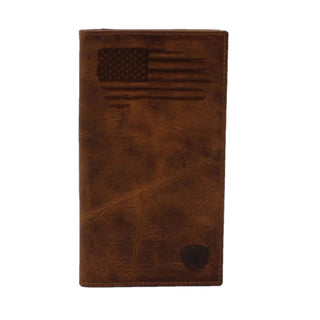 Ariat Men's Rodeo Wallet, Distressed Brown Leather with USA Flag and Shield Logo