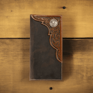 Ariat Men’s Rodeo Wallet – Distressed Leather with Embossed Corner & Concho - Cowboy SwaggerAriat Men’s Rodeo Wallet – Distressed Leather with Embossed Corner & Concho