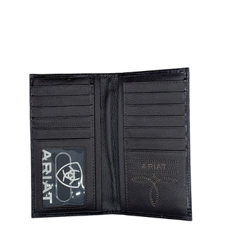 Ariat Men's Rodeo Wallet, Leather with Basket Weave, Sunburst and Cross Motif, interior view