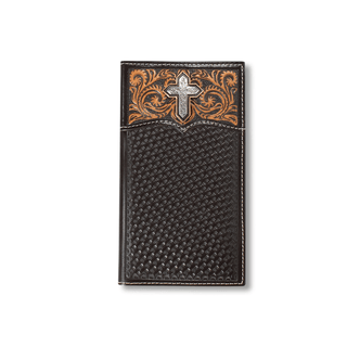Ariat Men's Rodeo Wallet, Leather with Basket Weave, Sunburst and Cross Motif, front view