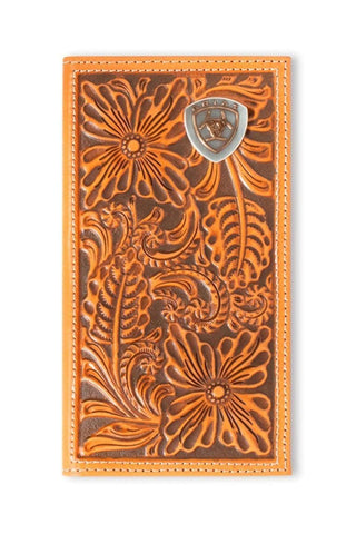Ariat Men's Rodeo Wallet, Natural Leather with Floral Embossing and Logo, front view