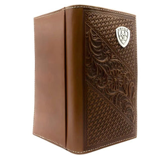 Ariat Men's Rodeo Wallet, Tan Basketweave Floral Leather Checkbook Cover