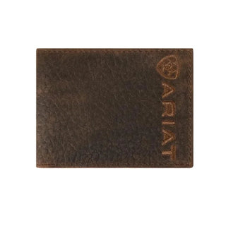 Ariat Men's Slim Bifold Wallet, Brown Bullhide Leather with Embroidered Logo, front view