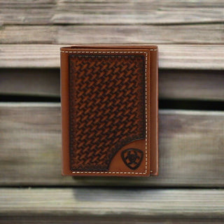 Ariat Men's Tan Leather Trifold Wallet with Basketweave Embossing