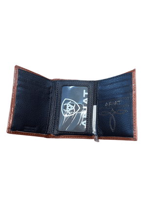 Ariat Men’s Tri - Fold Wallet – Calf Hair Leather with Floral Overlay & Shield Logo - Cowboy SwaggerAriat Men’s Tri - Fold Wallet – Calf Hair Leather with Floral Overlay & Shield Logo