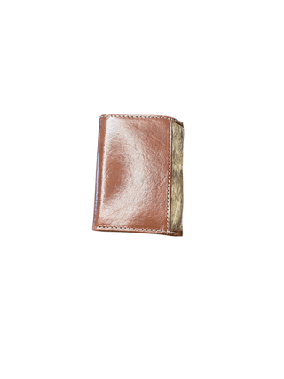 Ariat Men's Tri-Fold Wallet, Calf Hair Leather with Floral Overlay and Shield Logo, detail view