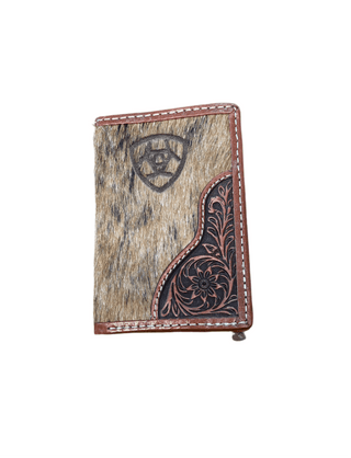 Ariat Men's Tri-Fold Wallet, Calf Hair Leather with Floral Overlay and Shield Logo, front view