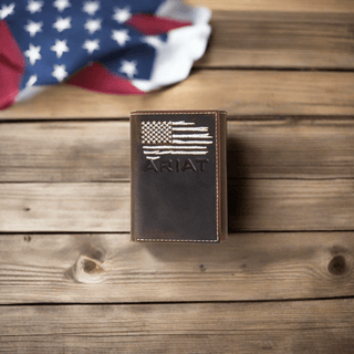 Ariat Men’s Tri - Fold Wallet – Distressed Leather with American Flag - Cowboy SwaggerAriat Men’s Tri - Fold Wallet – Distressed Leather with American FlagWallets & Money Clips