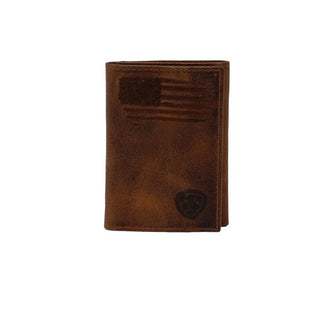 Ariat Men's Tri-Fold Wallet, Distressed USA Flag Leather with Shield Logo, front view
