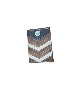 Ariat Men's Tri-Fold Wallet, Leather with Calf Hair Chevron and Shield Concho, front view