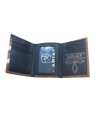 Ariat Men's Tri-Fold Wallet, Leather with Calf Hair Chevron and Shield Concho, detail view