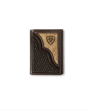 Ariat Men’s Trifold Wallet – Chocolate Leather with Brindle Calf Hair & Shield Logo - Cowboy SwaggerAriat Men’s Trifold Wallet – Chocolate Leather with Brindle Calf Hair & Shield Logo