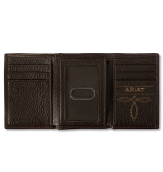 Ariat Men’s Trifold Wallet – Chocolate Leather with Brindle Calf Hair & Shield Logo - Cowboy SwaggerAriat Men’s Trifold Wallet – Chocolate Leather with Brindle Calf Hair & Shield Logo