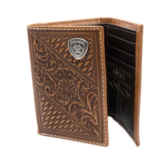 Ariat Men’s Trifold Wallet – Tan Leather with Basket Weave & Floral Embossing (Style A3564108) - Cowboy SwaggerAriat Men’s Trifold Wallet – Tan Leather with Basket Weave & Floral Embossing (Style A3564108)