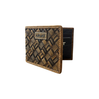 Ariat Men's Western Leather Bifold Wallet, Woven Basket Weave, front view