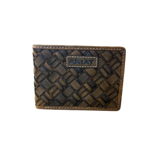 Ariat Men's Western Leather Bifold Wallet, Woven Basket Weave, interior view