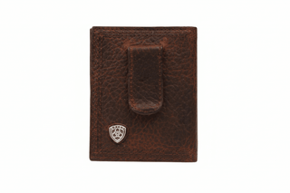 Ariat Men's Western Money Clip Wallet, Oil Tan Leather, back view showing money clip