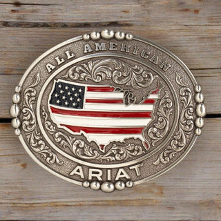 Ariat Oval All American Belt Buckle – Antique Silver with U.S. Flag Design (Style A37052) - Cowboy SwaggerAriat Oval All American Belt Buckle – Antique Silver with U.S. Flag Design (Style A37052)Belts