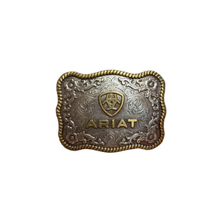 Ariat Rectangle Rounded Edge Logo Belt Buckle – Silver & Gold - Cowboy SwaggerAriat Rectangle Rounded Edge Logo Belt Buckle – Silver & GoldBelt Buckles