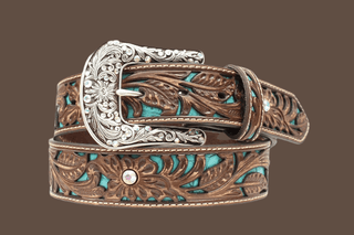 Ariat Women’s Blue Inlay Floral Belt – Brown Leather with Turquoise Inlay & Rhinestones (A1513402) - Cowboy SwaggerAriat Women’s Blue Inlay Floral Belt – Brown Leather with Turquoise Inlay & Rhinestones (A1513402)Belts
