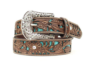 Ariat Women’s Blue Inlay Floral Belt – Brown Leather with Turquoise Inlay & Rhinestones (A1513402) - Cowboy SwaggerAriat Women’s Blue Inlay Floral Belt – Brown Leather with Turquoise Inlay & Rhinestones (A1513402)Belts
