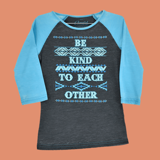 Be Kind To Each Other” Tee – Grey & Turquoise 3/4 Sleeve Graphic Shirt 455239 - 390 - Cowboy SwaggerBe Kind To Each Other” Tee – Grey & Turquoise 3/4 Sleeve Graphic Shirt 455239 - 390