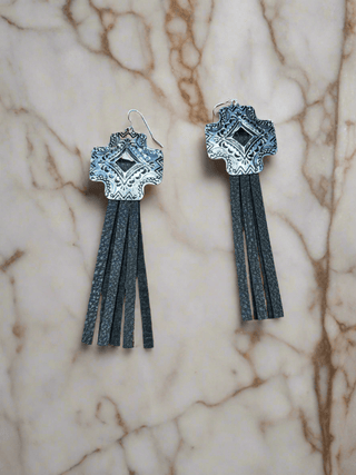Blazin Roxx Cross Leather Tassel Earrings Black - Cowboy SwaggerBlazin Roxx Cross Leather Tassel Earrings Black