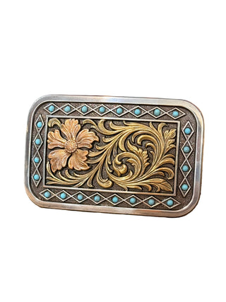 Blazin Roxx Turquoise Border Belt Buckle – Gold Floral Engraved Rectangle 37966 - Cowboy SwaggerBlazin Roxx Turquoise Border Belt Buckle – Gold Floral Engraved Rectangle 37966Buckle
