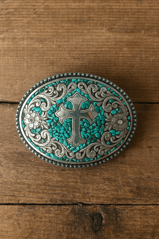Blazin Roxx Women’s Chipped Turquoise Cross Scroll Belt Buckle – Western Floral Engraved Oval Buckle - Cowboy SwaggerBlazin Roxx Women’s Chipped Turquoise Cross Scroll Belt Buckle – Western Floral Engraved Oval Buckle