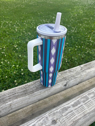Blue and Purple Aztec Striped Pattern Spill Proof Tumbler Cup - Cowboy SwaggerBlue and Purple Aztec Striped Pattern Spill Proof Tumbler Cup