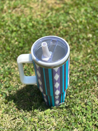 Blue and Purple Aztec Striped Pattern Spill Proof Tumbler Cup - Cowboy SwaggerBlue and Purple Aztec Striped Pattern Spill Proof Tumbler Cup