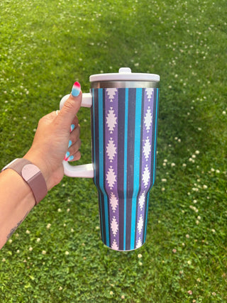 Blue and Purple Aztec Striped Pattern Spill Proof Tumbler Cup - Cowboy SwaggerBlue and Purple Aztec Striped Pattern Spill Proof Tumbler Cup