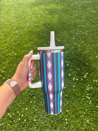 Blue and Purple Aztec Striped Pattern Spill Proof Tumbler Cup - Cowboy SwaggerBlue and Purple Aztec Striped Pattern Spill Proof Tumbler Cup