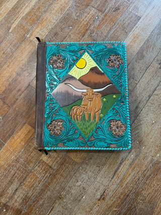 Cheekys Leather Longhorn with Turquoise Lacing Tooled Document Folder - Cowboy SwaggerCheekys Leather Longhorn with Turquoise Lacing Tooled Document Folder