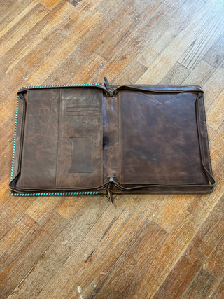 Cheekys Leather Longhorn with Turquoise Lacing Tooled Document Folder - Cowboy SwaggerCheekys Leather Longhorn with Turquoise Lacing Tooled Document Folder