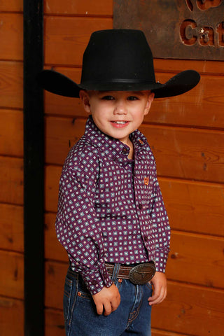 Cinch Baby Boy Purple Button Down Shirt – Long Sleeve Square Flower Print Western ShirtCowboy Swagger