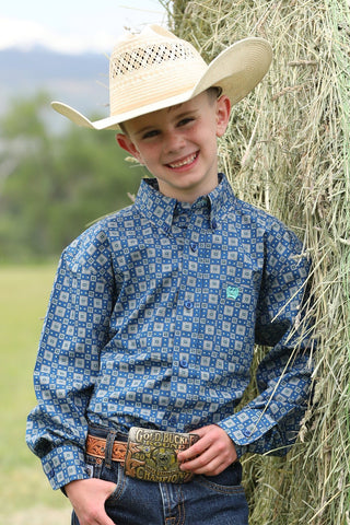 Cinch Boys Long Sleeve Blue Square Flower Print Shirt - Cowboy SwaggerCinch Boys Long Sleeve Blue Square Flower Print ShirtShirts & Tops