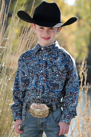 Cinch Boys LS Blue and Burgundy Paisley Pearl Snap - Cowboy SwaggerCinch Boys LS Blue and Burgundy Paisley Pearl Snap