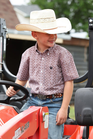 Cinch Boys White and Red Geo Print Short Sleeve Western Shirt - Cowboy SwaggerCinch Boys White and Red Geo Print Short Sleeve Western ShirtShirts & Tops