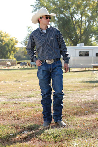 Cinch Men’s Long Sleeve Western Stripe Shirt – Charcoal and Blue Button - Down Cowboy Shirt - Cowboy SwaggerCinch Men’s Long Sleeve Western Stripe Shirt – Charcoal and Blue Button - Down Cowboy Shirt