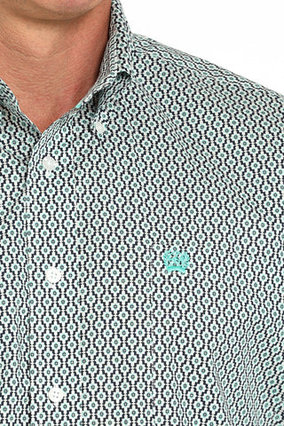 Cinch Men’s Long Sleeve White Shirt with Black and Turquoise Print - Cowboy SwaggerCinch Men’s Long Sleeve White Shirt with Black and Turquoise Print