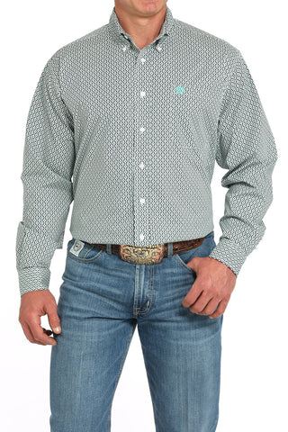 Cinch Men’s Long Sleeve White Shirt with Black and Turquoise Print - Cowboy SwaggerCinch Men’s Long Sleeve White Shirt with Black and Turquoise Print