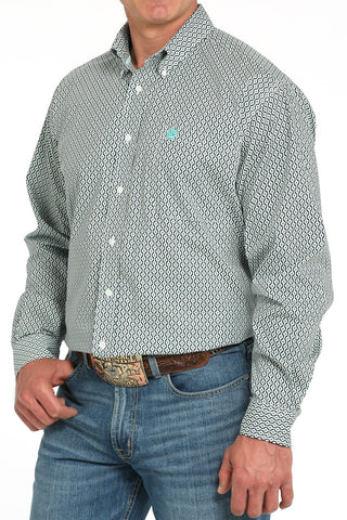 Cinch Men’s Long Sleeve White Shirt with Black and Turquoise Print - Cowboy SwaggerCinch Men’s Long Sleeve White Shirt with Black and Turquoise Print