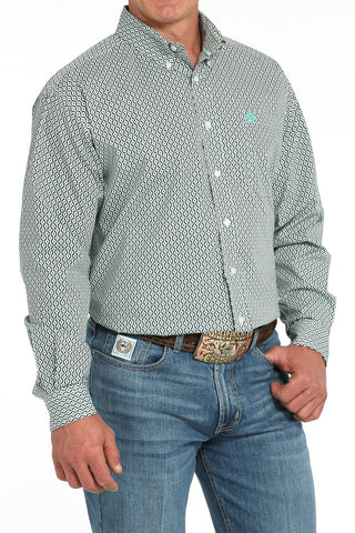 Cinch Men’s Long Sleeve White Shirt with Black and Turquoise Print - Cowboy SwaggerCinch Men’s Long Sleeve White Shirt with Black and Turquoise Print