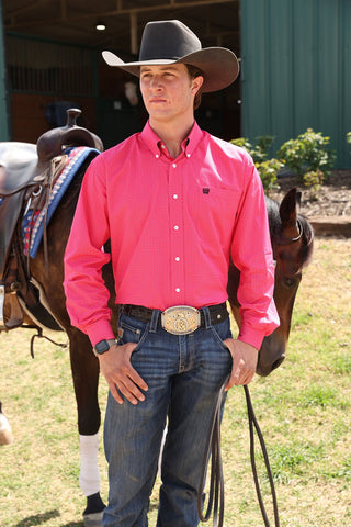 Cinch Men’s Pink Long Sleeve Western Button Down Shirt with Dot Print - Cowboy SwaggerCinch Men’s Pink Long Sleeve Western Button Down Shirt with Dot Print