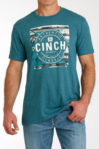 Cinch Men’s Teal Cotton - Poly Crew Neck Tee with Front Print – MTT1690626 - Cowboy SwaggerCinch Men’s Teal Cotton - Poly Crew Neck Tee with Front Print – MTT1690626Men's Shirts